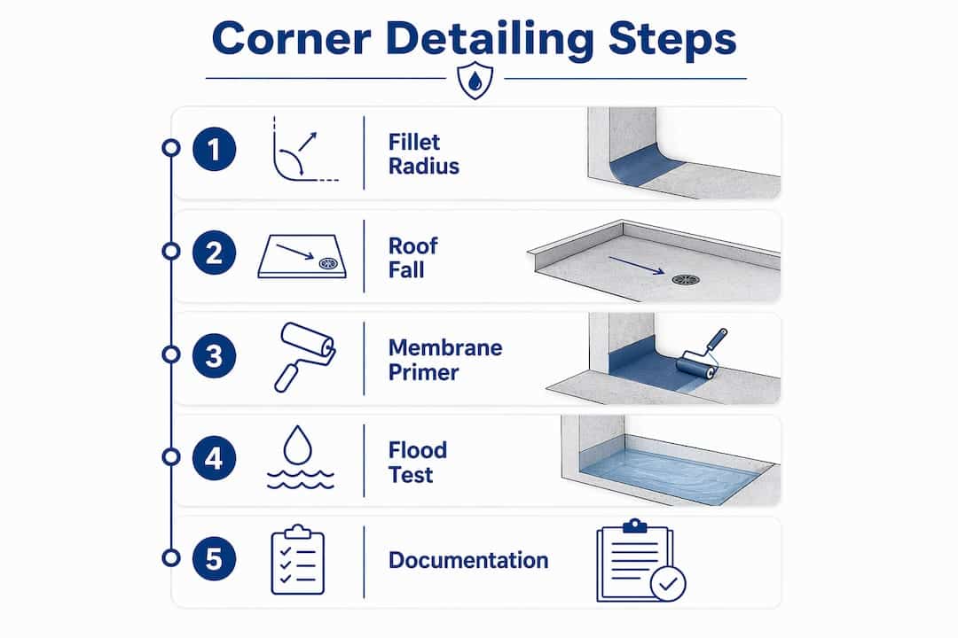 Infographic showing key corner detailing steps for waterproofing