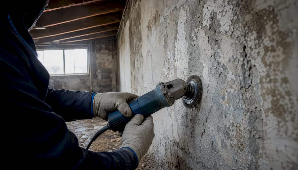 Hands grinding basement wall surface