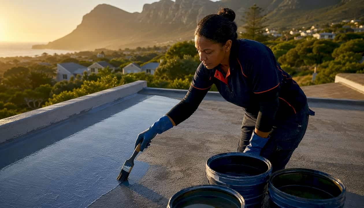 Woman applying liquid polyurethane on flat roof