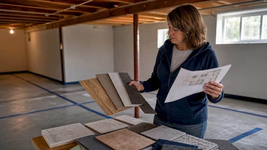 Homeowner examining waterproof floor samples in basement