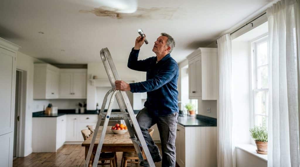 Homeowner inspecting water stain on ceiling