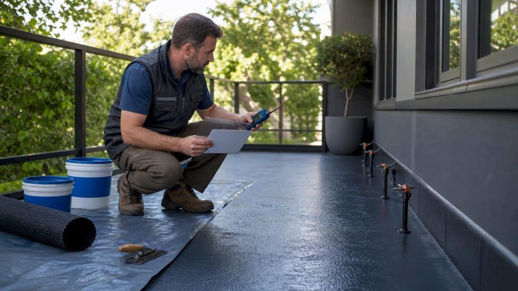 Contractor inspecting waterproofed sprinkler terrace