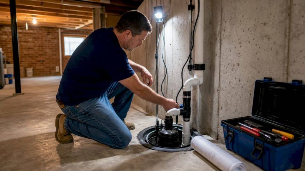 Homeowner inspecting basement sump pump system