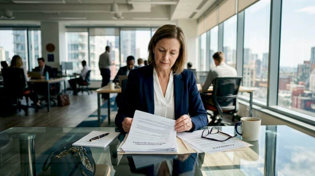 Woman reviewing waterproofing liability documents