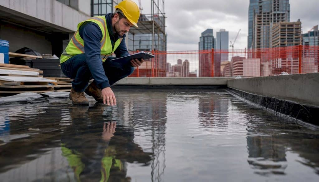 Construction supervisor inspecting flood test water ponding