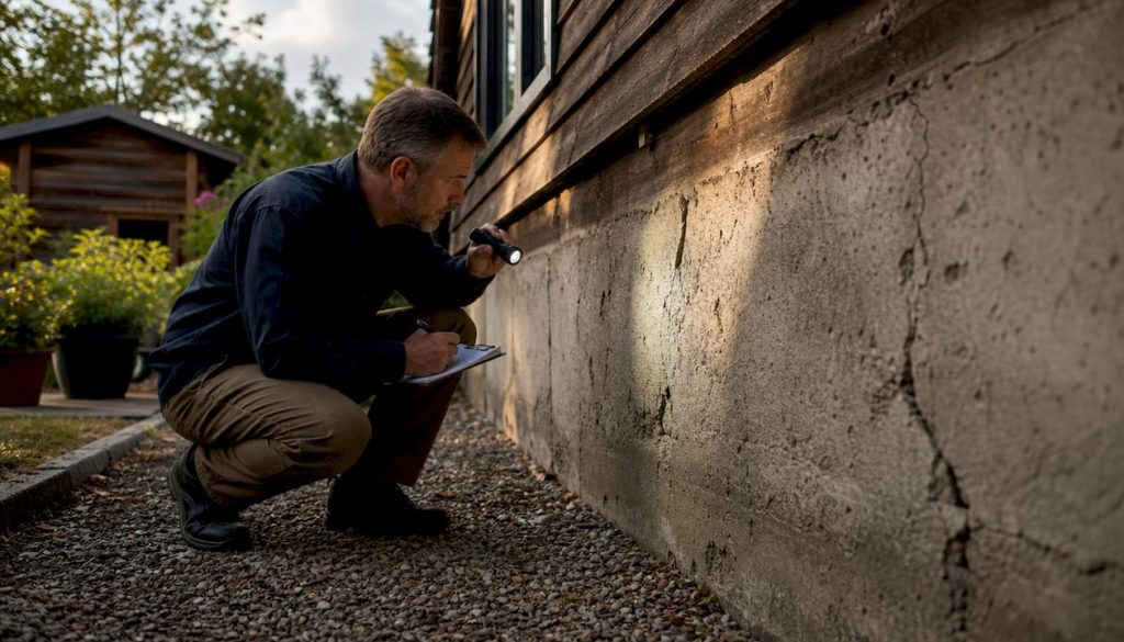 Man inspecting basement exterior wall for dampness