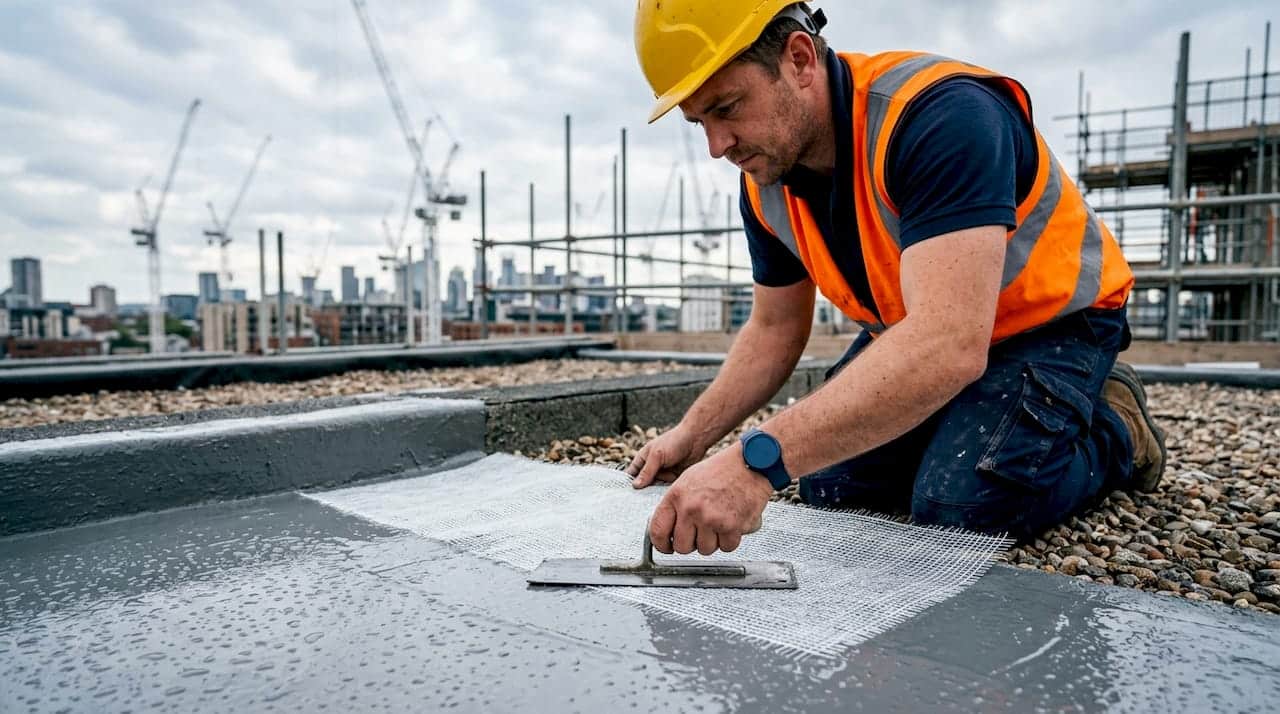 Worker embedding reinforcement mat in membrane
