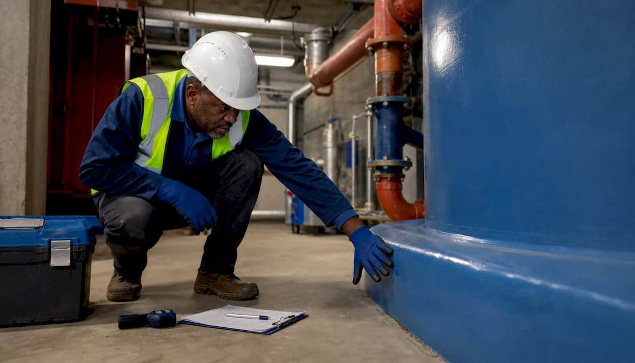 Engineer inspecting fire suppression waterproofing on tank