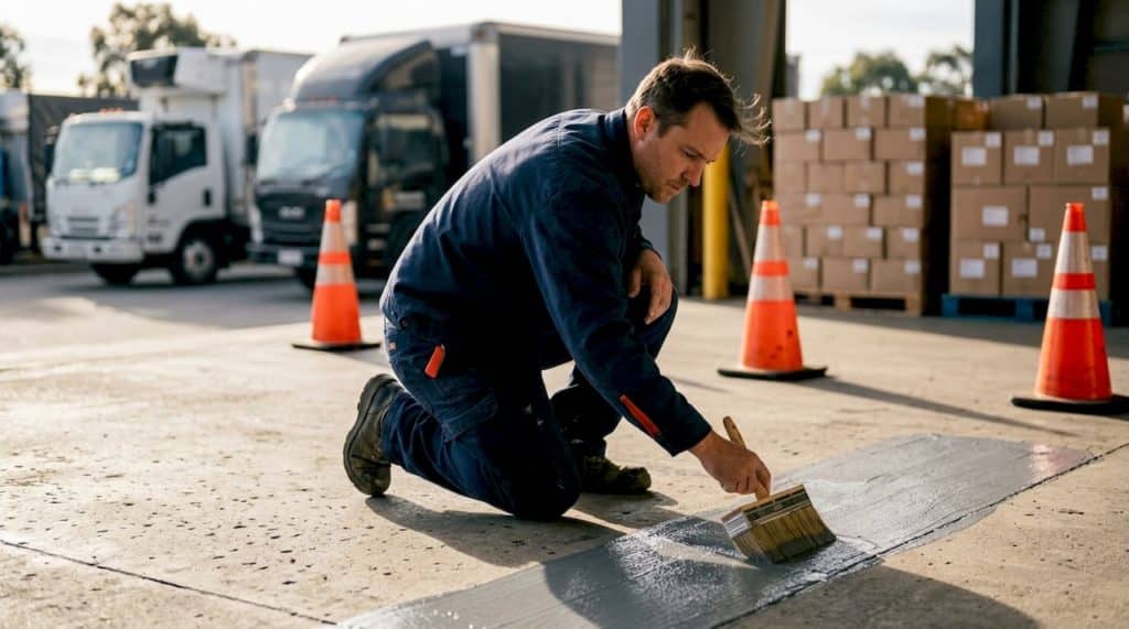 Technician applying waterproofing membrane on loading bay floor