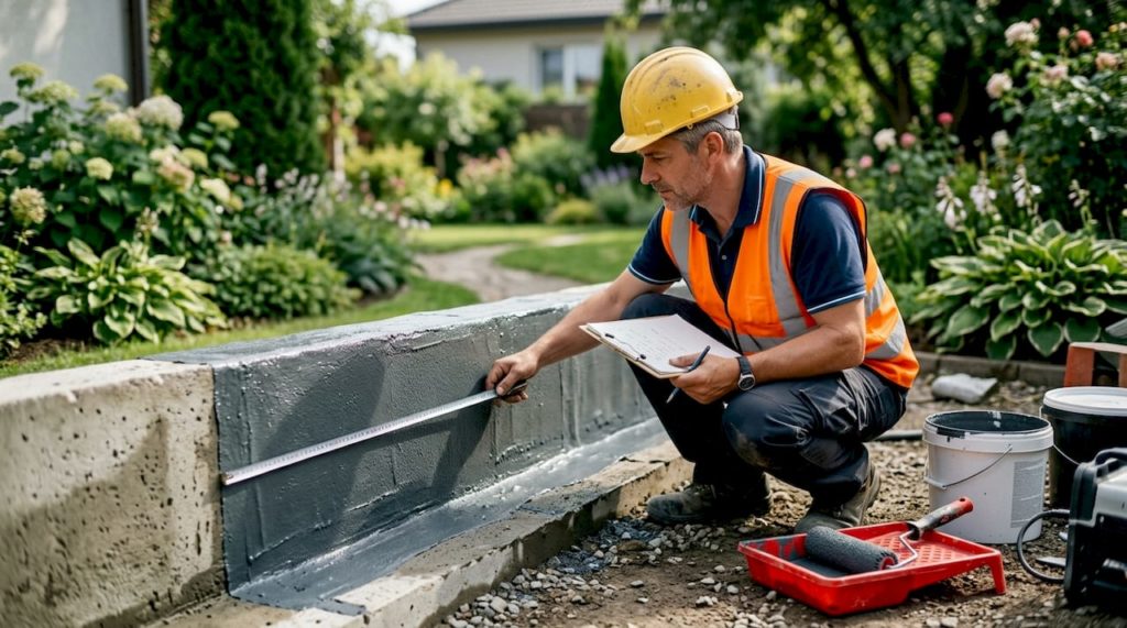 Builder inspecting waterproofing mock-up at construction site
