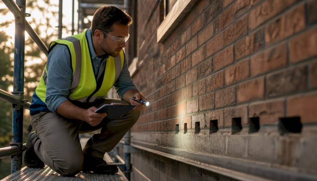Inspector examining weep holes in brick wall