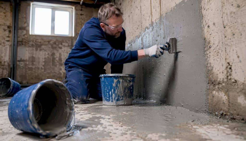 Technician applying waterproofing slurry on basement wall