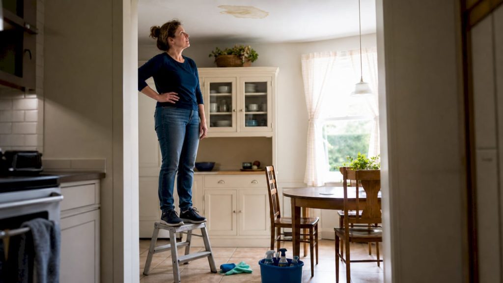 Homeowner inspecting water stain on ceiling