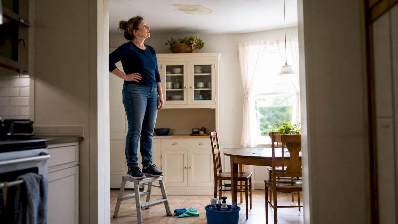 Homeowner inspecting water stain on ceiling