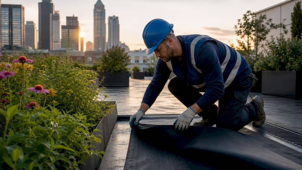 Waterproofing specialist installs membrane on rooftop garden