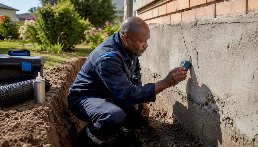 Contractor inspecting basement crack outdoors