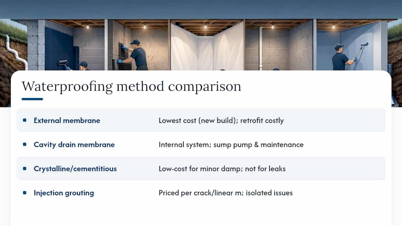 Diagram comparing basement waterproofing methods and costs