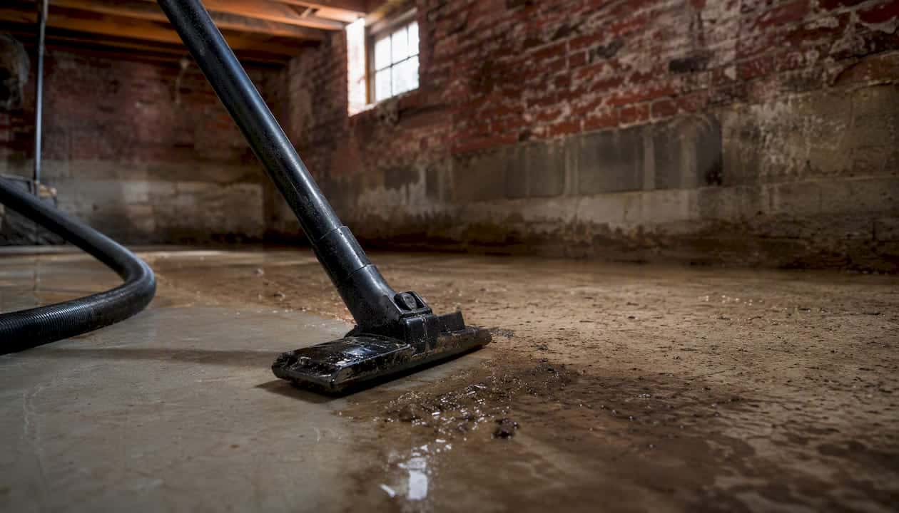 Wet-dry vacuum cleaning basement flood residue