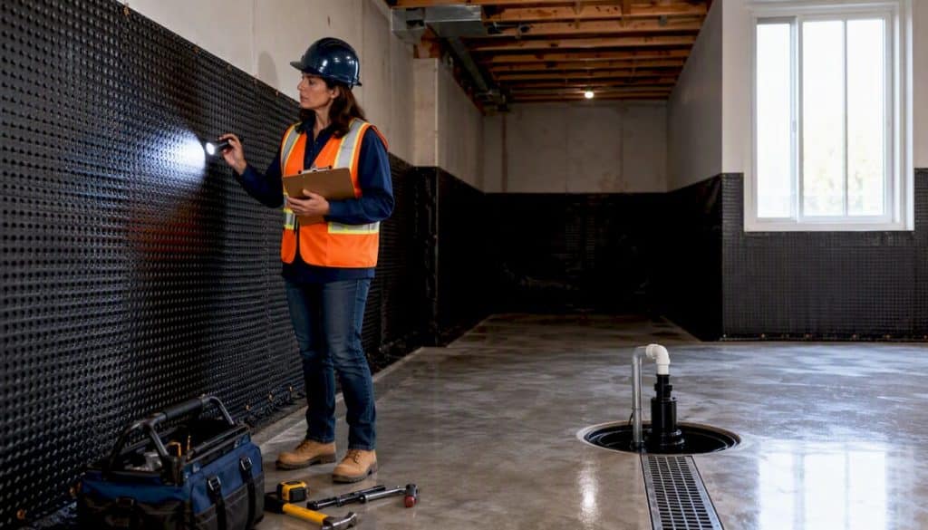 Building inspector examining basement waterproofing membrane