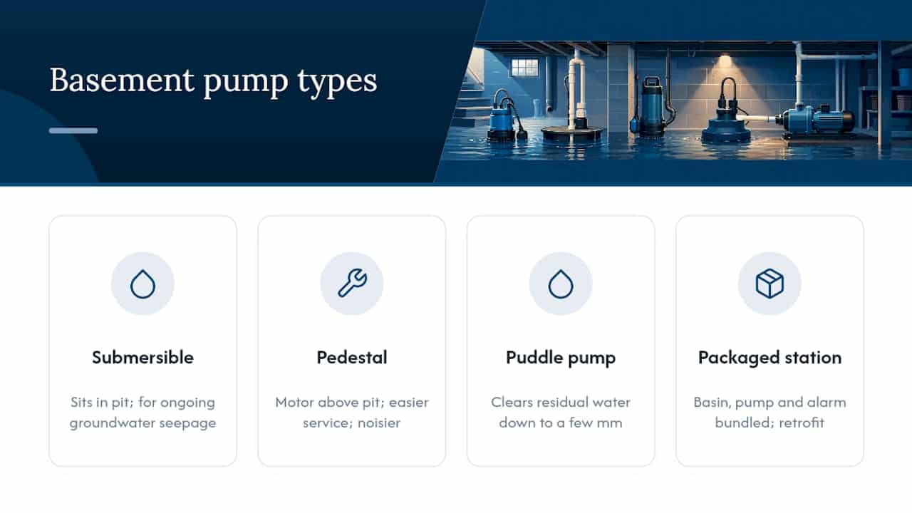 Comparison chart of basement pump types and uses