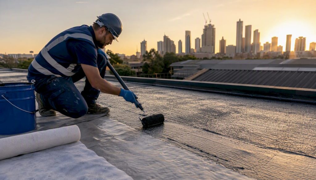 Contractor applying polyurethane membrane on rooftop