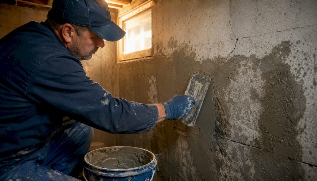 Technician applying waterproof slurry on basement wall