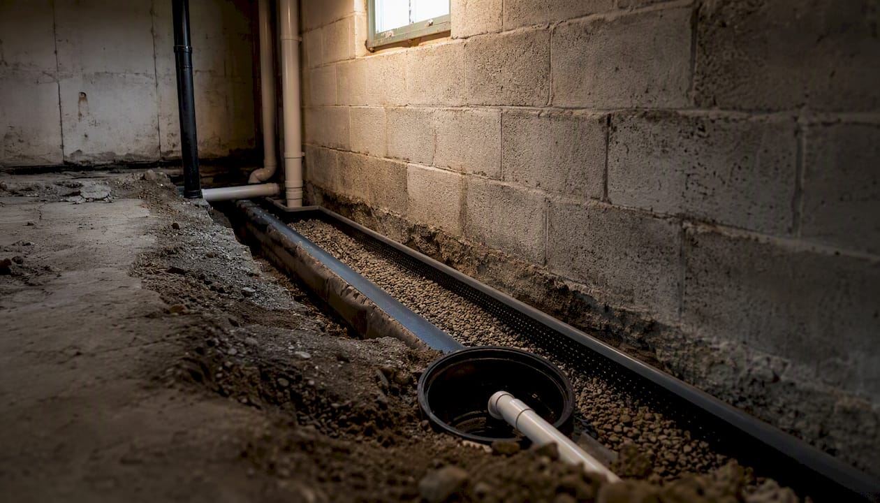 Interior drainage channel installation in basement