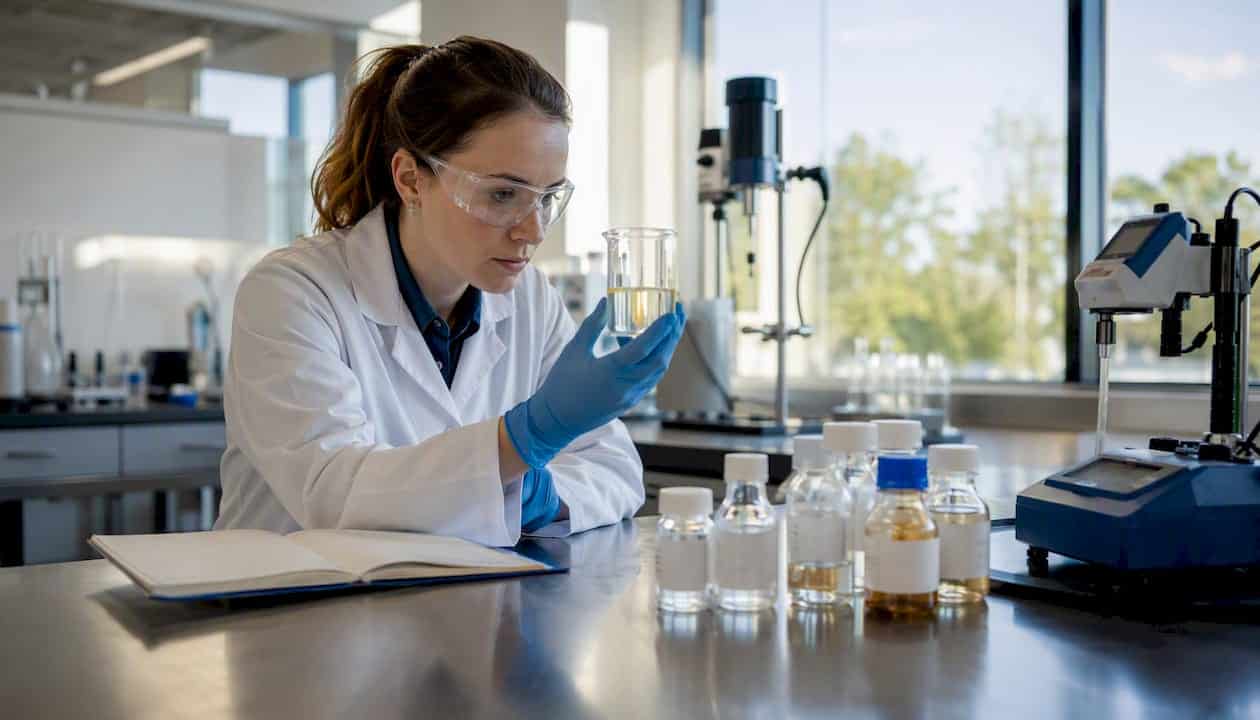 Engineer inspecting polyurethane liquid sample in lab