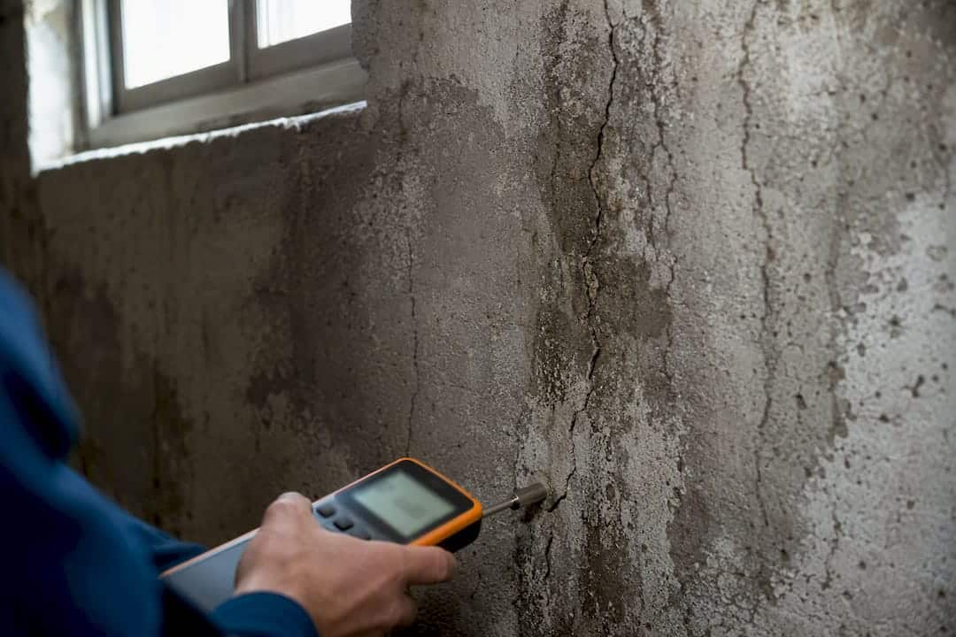 Close-up of damp basement wall crack with moisture meter