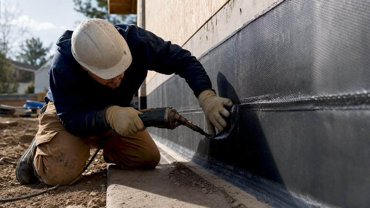 HDPE membrane seam welding on foundation wall