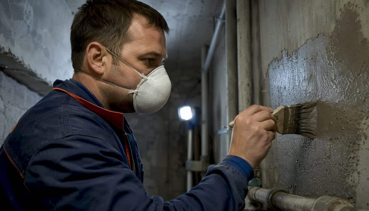 Technician brushing waterproof coating inside elevator pit