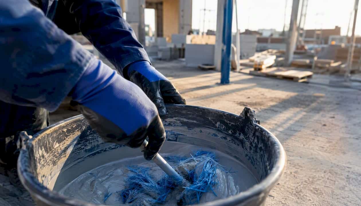 Hands mixing reinforcing fibres into membrane liquid