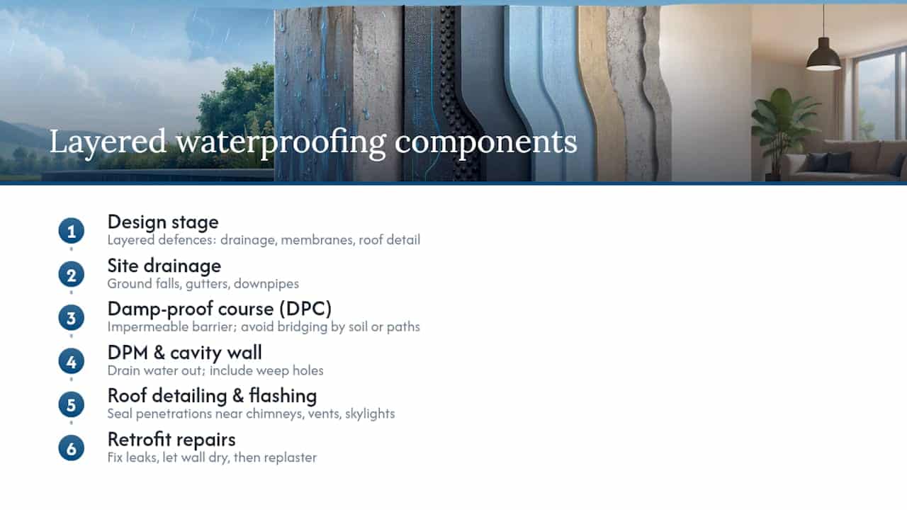 Diagram of building waterproofing layers and drainage system