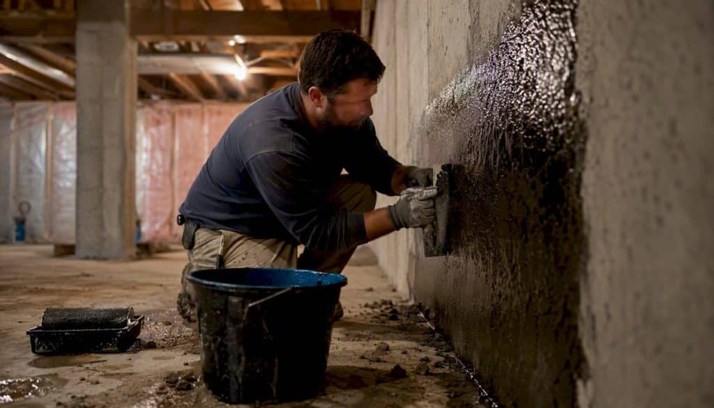 Worker applying waterproof membrane in basement