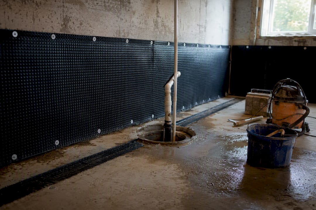 Basement cavity drain membrane and sump pump setup