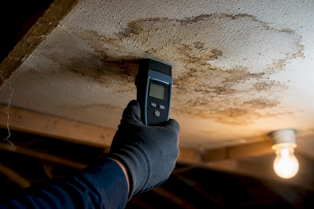 Moisture meter measuring damp plasterboard
