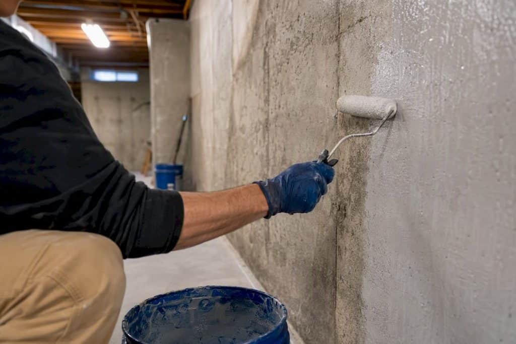 Contractor applying basement waterproofing sealant
