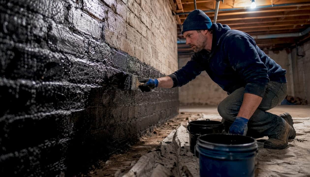 Applying masonry waterproof coating on basement wall