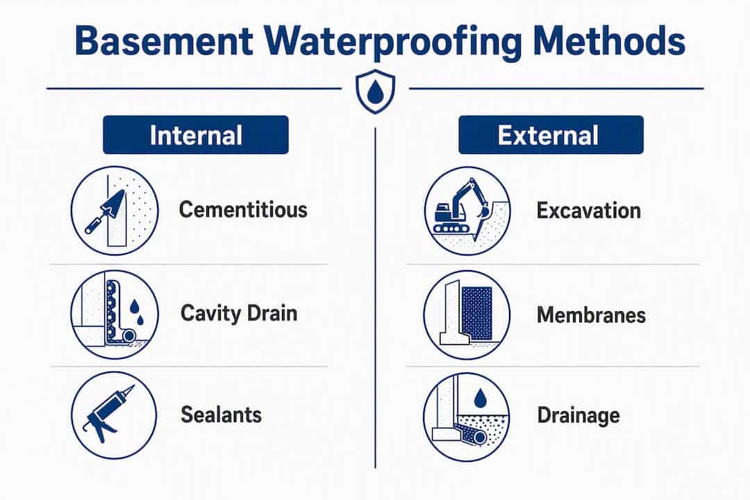 Infographic comparing internal vs external basement waterproofing methods