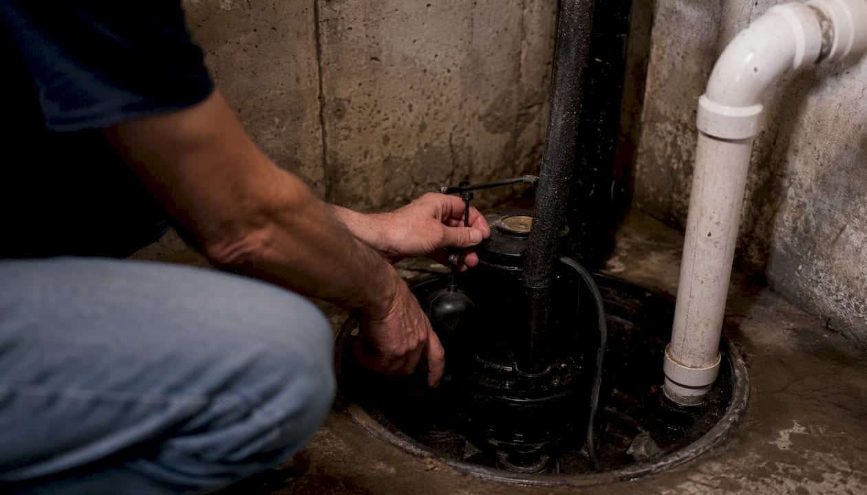 Hand inspecting sump pump in basement