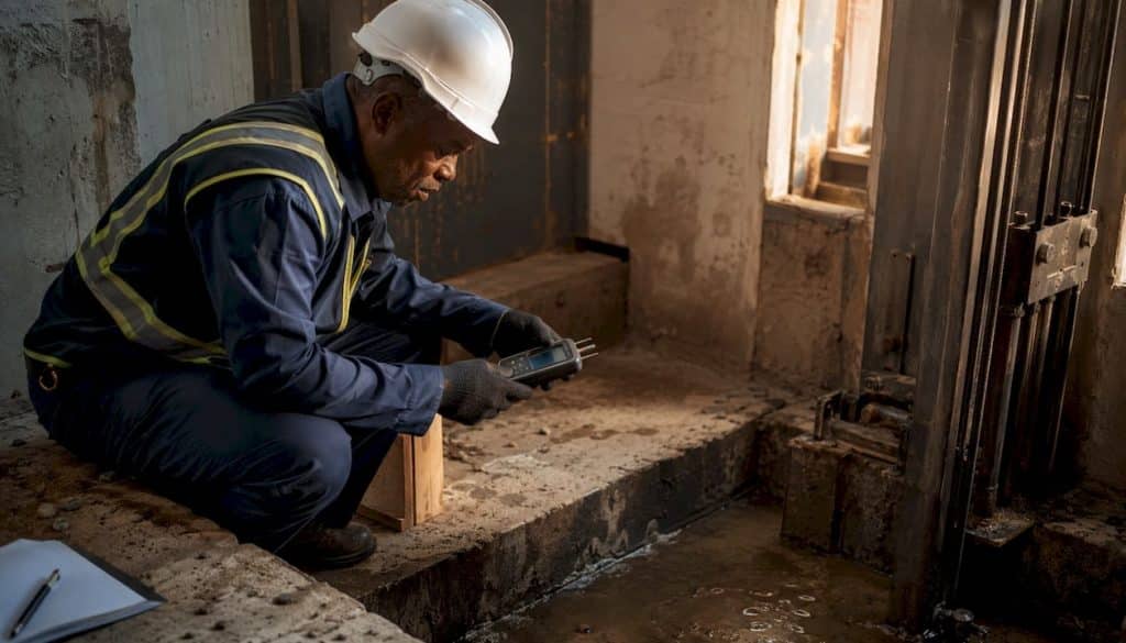 Engineer inspecting damp elevator pit