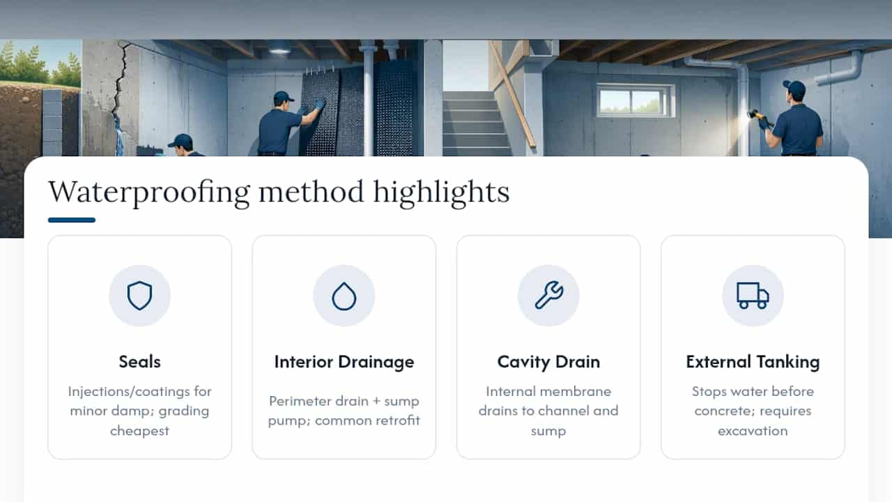 Diagram comparing basement waterproofing methods