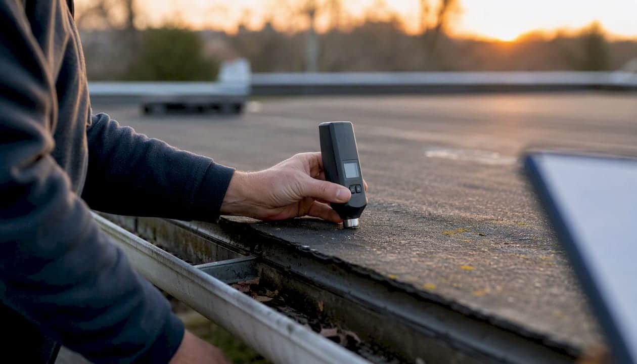Hand using moisture meter on roof membrane
