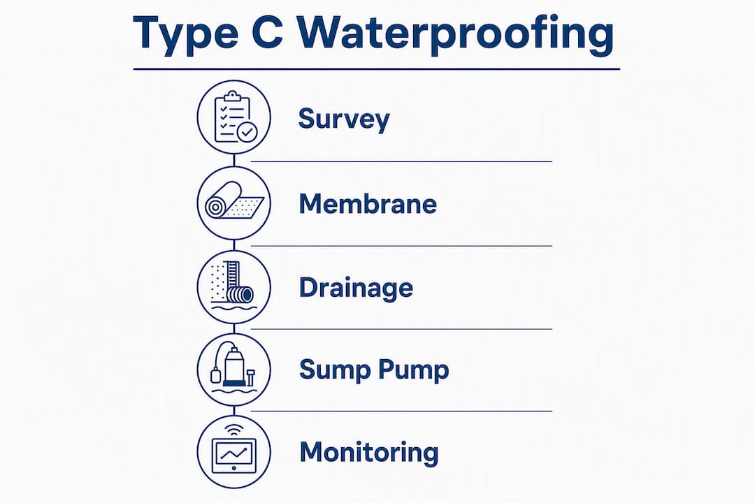 Infographic illustrating Type C waterproofing components