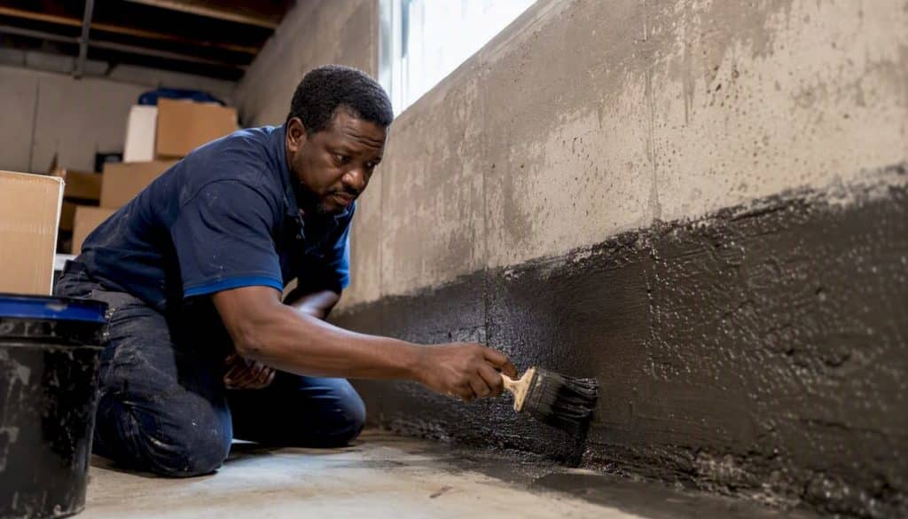 Applying waterproof sealant to basement wall