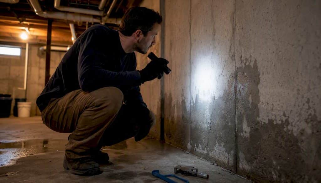 Basement wall inspection with flashlight
