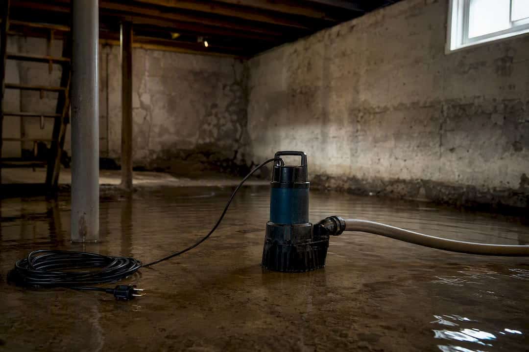 Portable wet vacuum pumping floodwater in basement