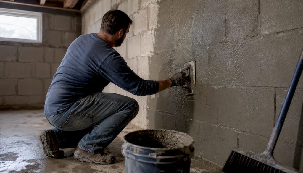 Pro applying slurry waterproofing in basement