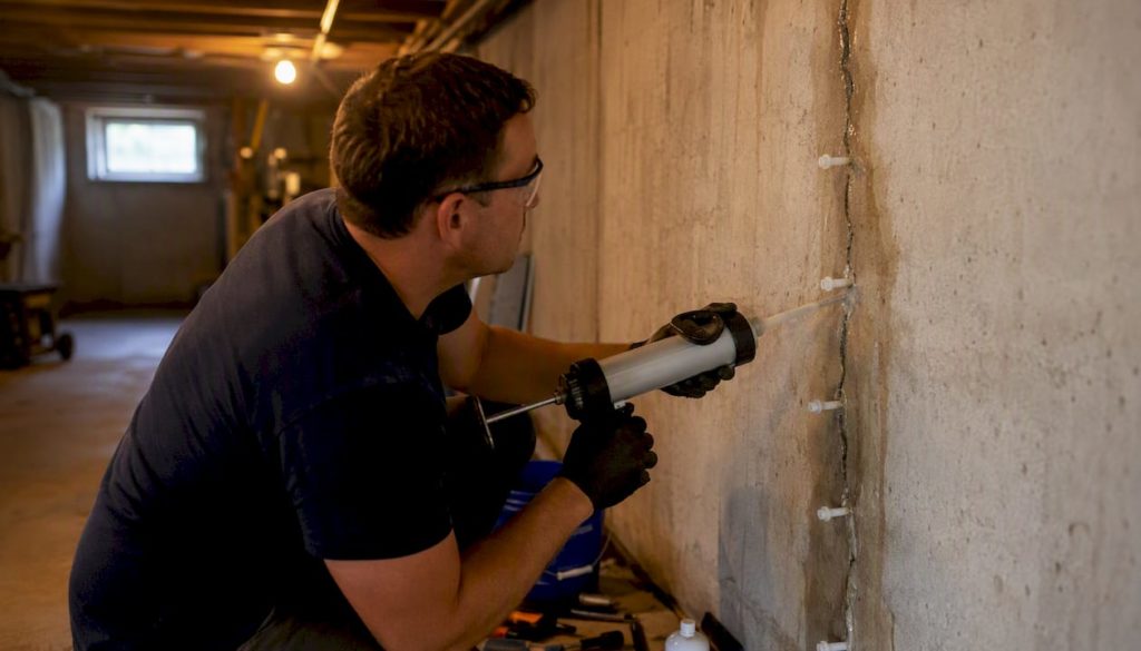 Worker injecting resin into basement wall crack