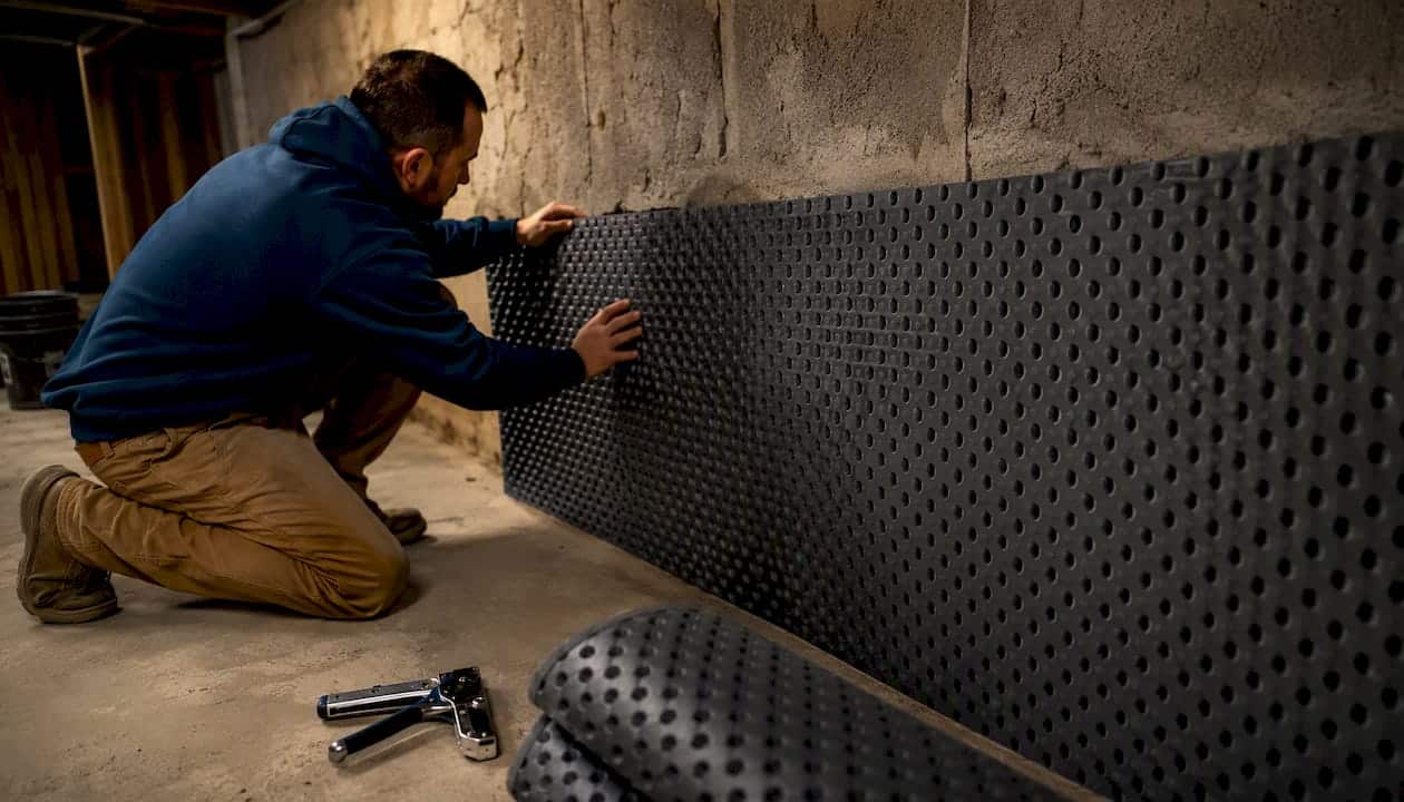 Close-up of hands installing waterproof membrane